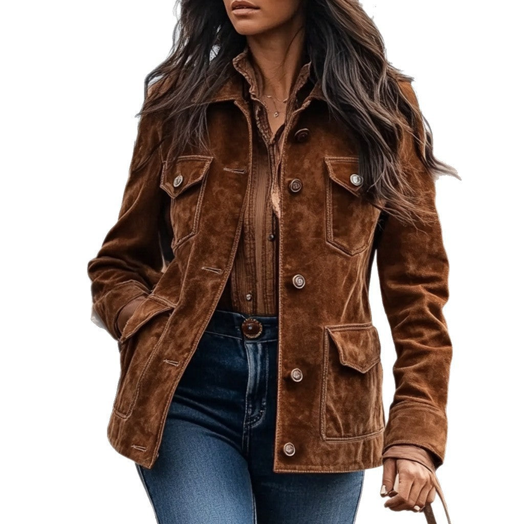 Women's short jacket in ranch-worker look made of suede look with flap pockets and visible button placket Mune Fashion