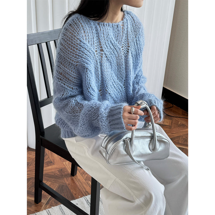 Women's Oversize Mohair-Optic Cable Pattern Sweater with Transparent Effect Mune Fashion
