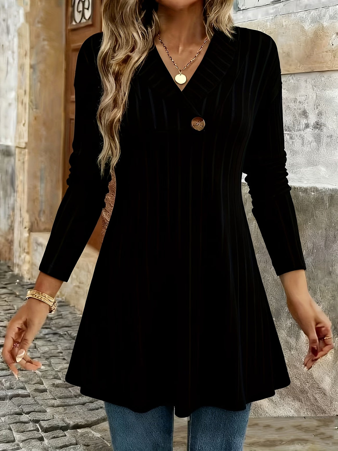 Women Knitted A-Line Tunic Dress with Lapel and Decorative Button Mune Fashion