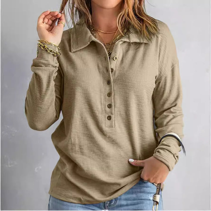 Women's Long Sleeve Waffle Shirt with Shirt Collar and Button Placket Drune