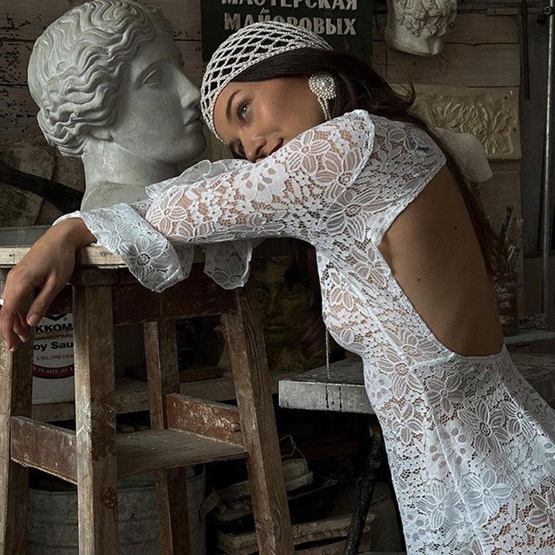 Women lace dress with deep back neckline Mune Fashion