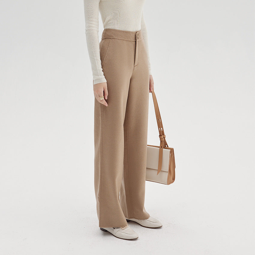 Women's High-Waisted Wool Blend Palazzo Pants with Straight Fall and Concealed Hook Closure Mune Fashion