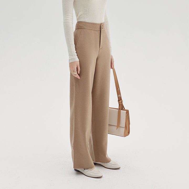 Women's High-Waisted Wool Blend Palazzo Pants with Straight Fall and Concealed Hook Closure Mune Fashion