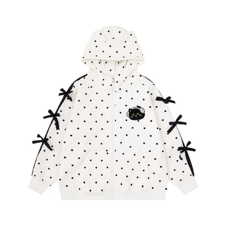 Women's hooded sweatshirt jacket with polka dot all-over, cat patch, bow sleeves and ear hood Mune Fashion