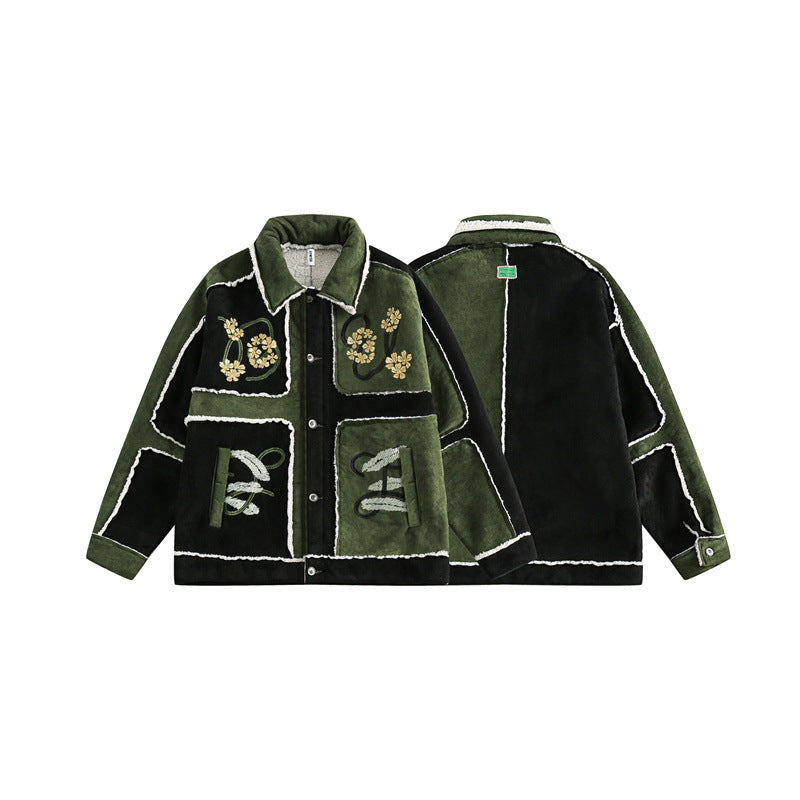 Unisex Patchwork-Sheepskin Look Jacket with Floral Embroidery Mune Fashion
