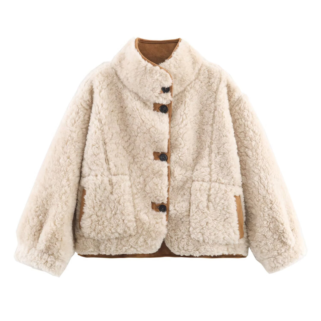 Women's Short Lambskin Imitation Jacket in Boxy Cut with Stand-Up Collar and Large Outer Pockets Mune Fashion