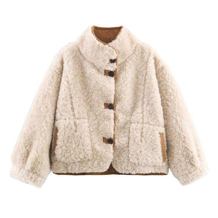 Women's Short Lambskin Imitation Jacket in Boxy Cut with Stand-Up Collar and Large Outer Pockets Mune Fashion