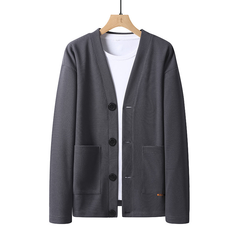 Men's lightweight knit cardigan with V-neck, button placket, and patch pockets Mune Fashion