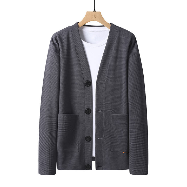 Men's lightweight knit cardigan with V-neck, button placket, and patch pockets Mune Fashion