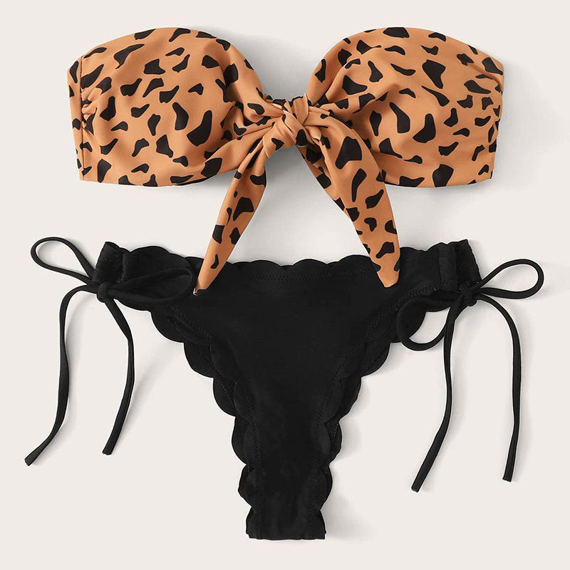 Women's bandeau bikini with floral knot design and minimalist slip