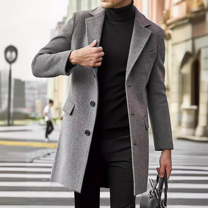 Men's Modern Long Coat made of Wool Blend with Narrow Lapels, Flap Pockets and Slim Fit Mune Fashion