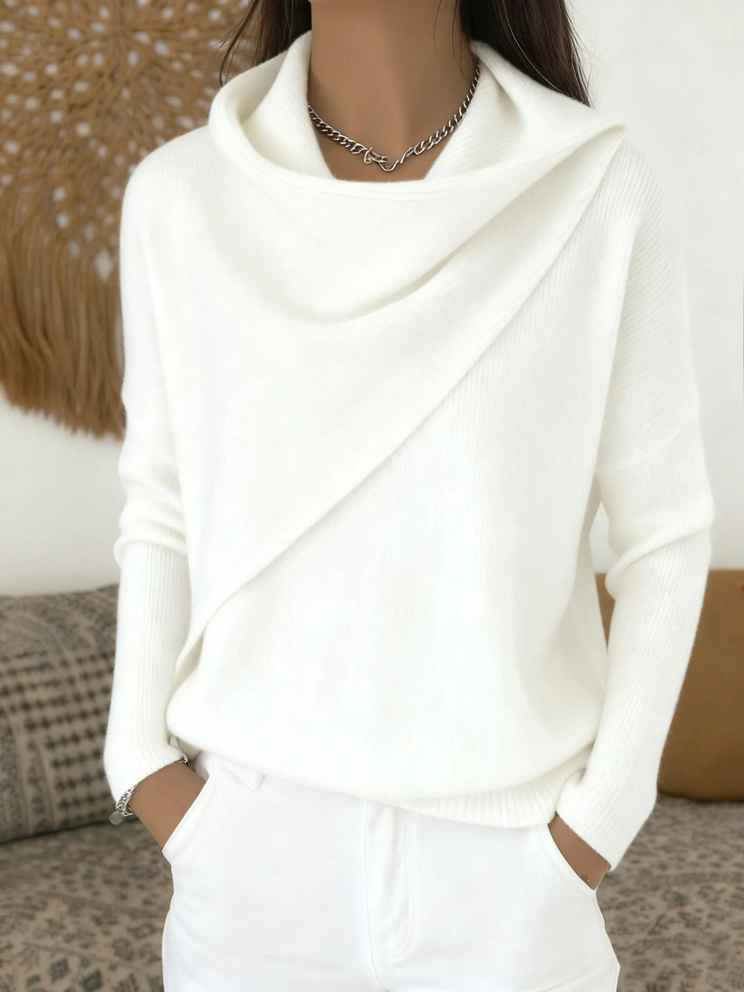 Women's Asymmetric Chunky Knit Sweater with Shawl Collar Mune Fashion
