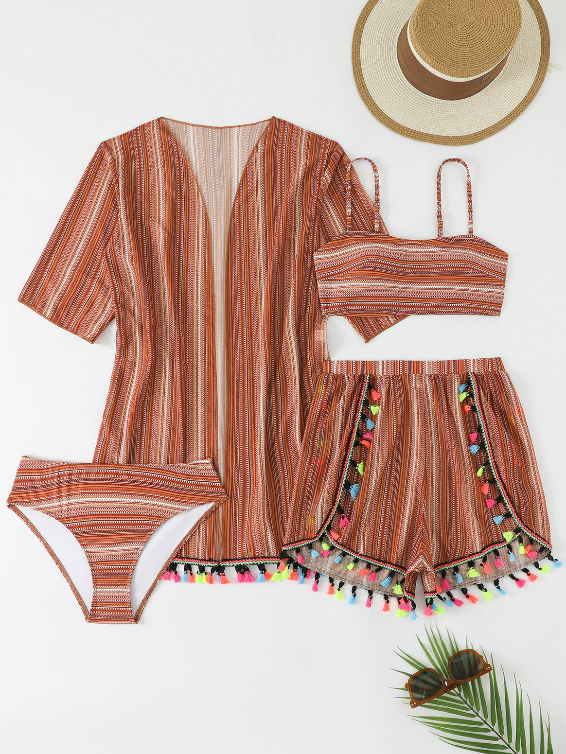 Women's bikini set with trendy beach kimono and colorful tassels Mune Fashion