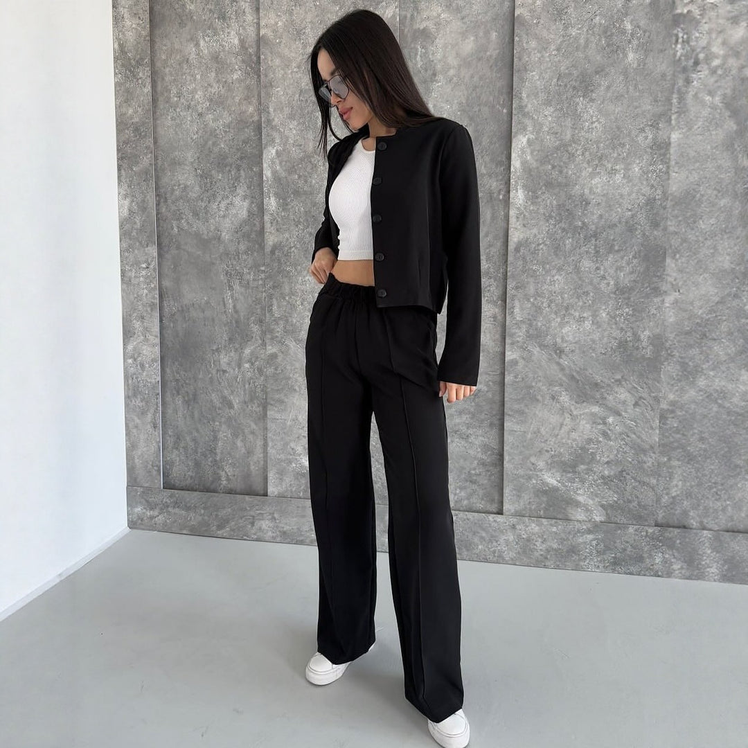 Women Elegant Two-Piece Set with Short Jacket and High Waist Pleated Pants Mune Fashion