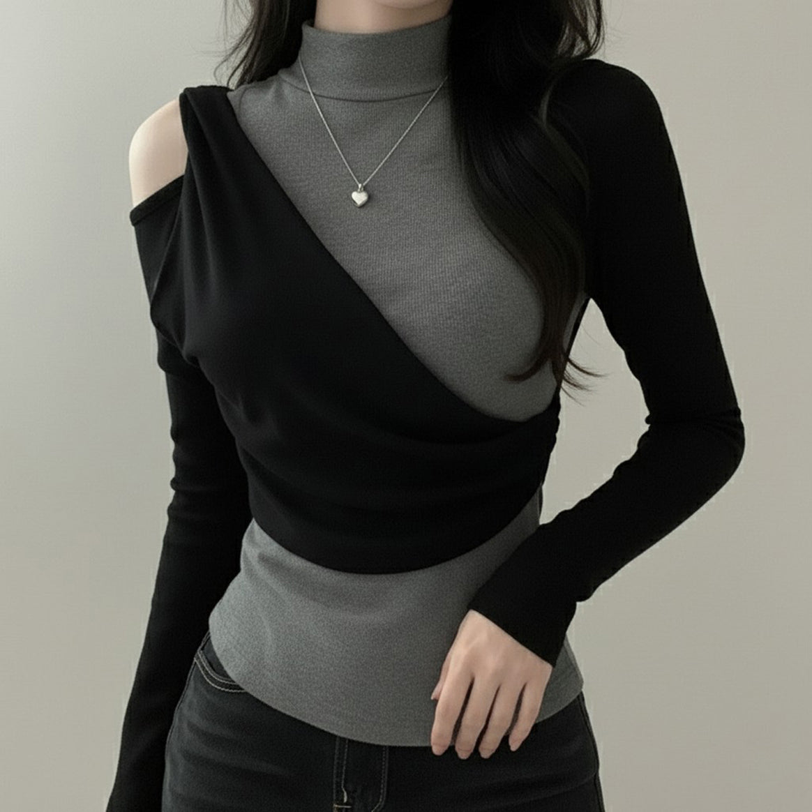 Women's Asymmetric Long Sleeve Top with Stand-Up Collar, Cut-Out Shoulder and Layered Look Mune Fashion