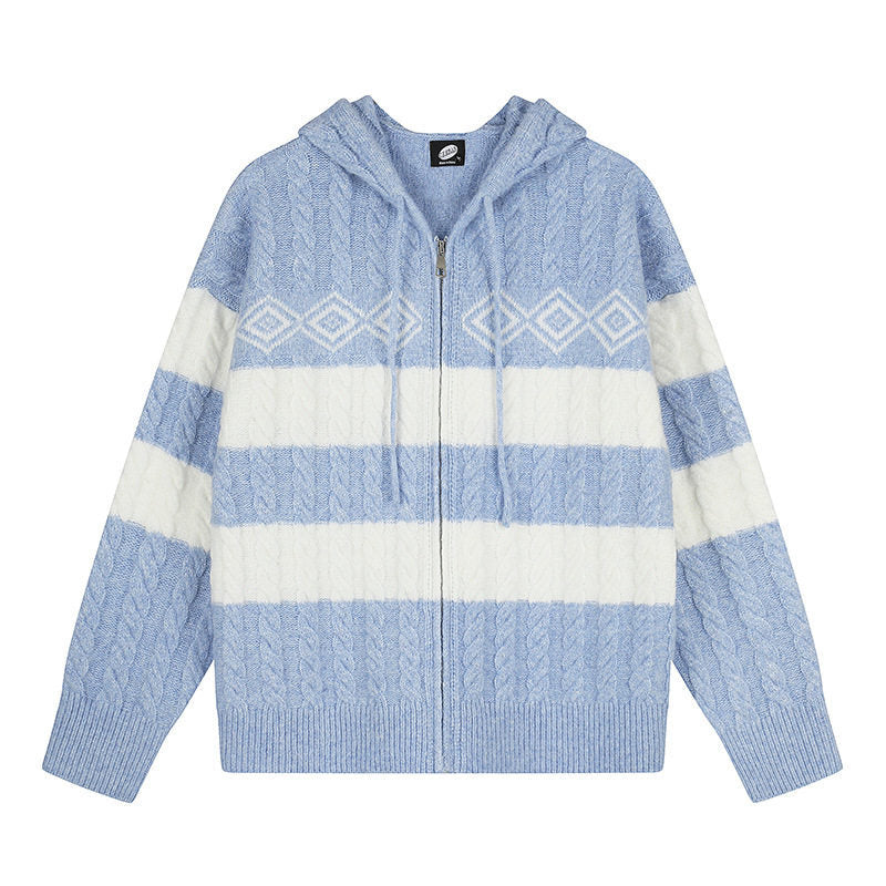 Women's chunky knit hooded cardigan with cable knit, block stripes, and full-length zipper Mune Fashion
