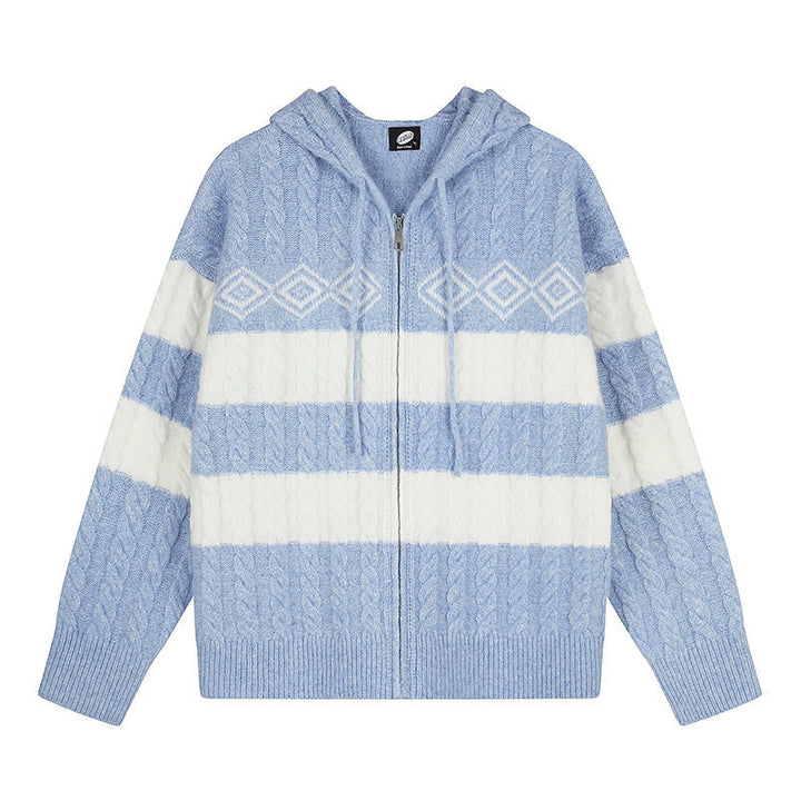 Women's chunky knit hooded cardigan with cable knit, block stripes, and full-length zipper Mune Fashion
