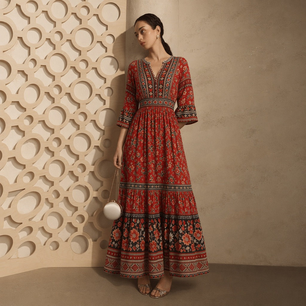 Women long Boho-maxi dress with V-neck, gathered waist and multi-layered tiered skirt Mune Fashion
