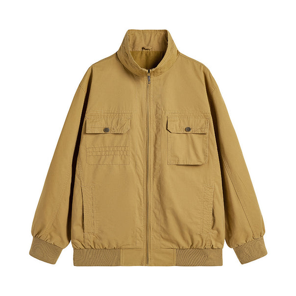 Men's Loose-Fitting Canvas Over Jacket with Stand-Up Collar and Flap Pockets Mune Fashion