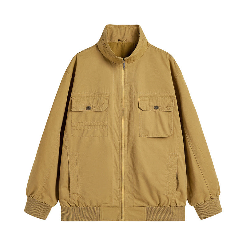 Men's Loose-Fitting Canvas Over Jacket with Stand-Up Collar and Flap Pockets Mune Fashion
