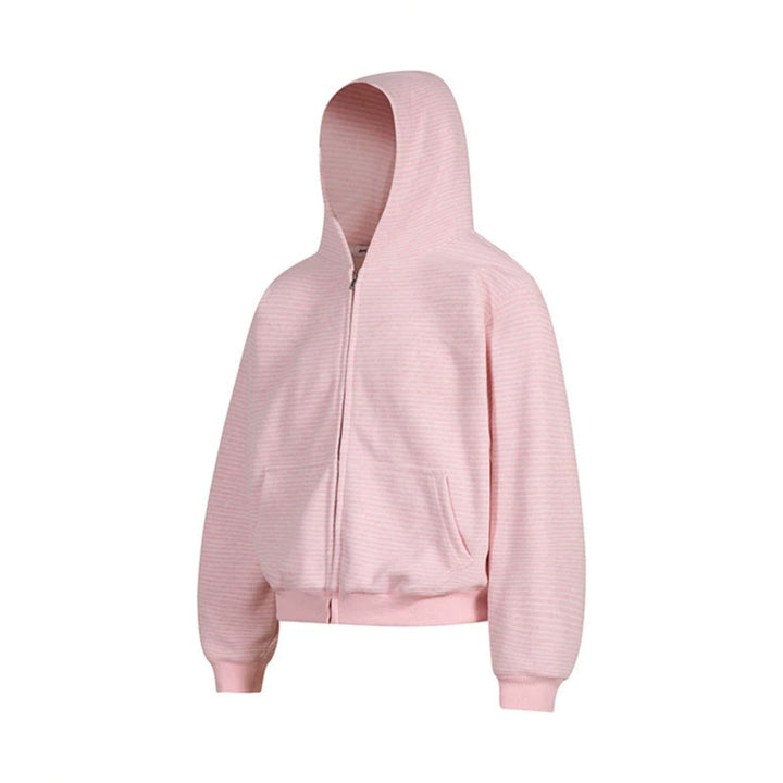 Women's short-cut hooded sweatshirt jacket with short hem, stripe texture, and zipper