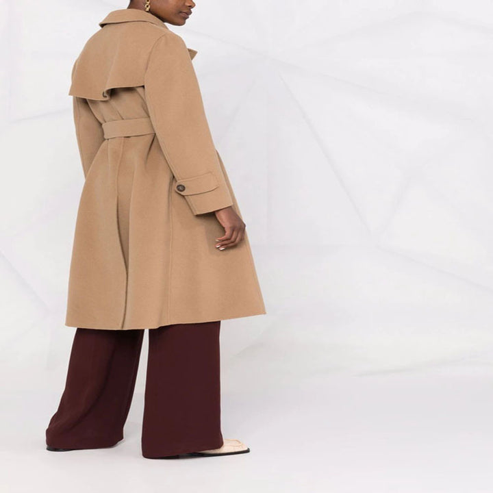 Women's tailored double-breasted wool blend coat with tie belt and A-line cut Mune Fashion