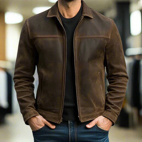 Men's short suede jacket with shirt collar and side insertion pockets Mune Fashion