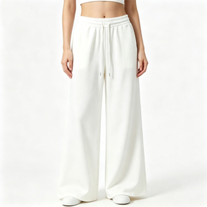 Ladies wide high-waist lounge pants with elastic waistband, drawstring, and flowing jersey Mune Fashion