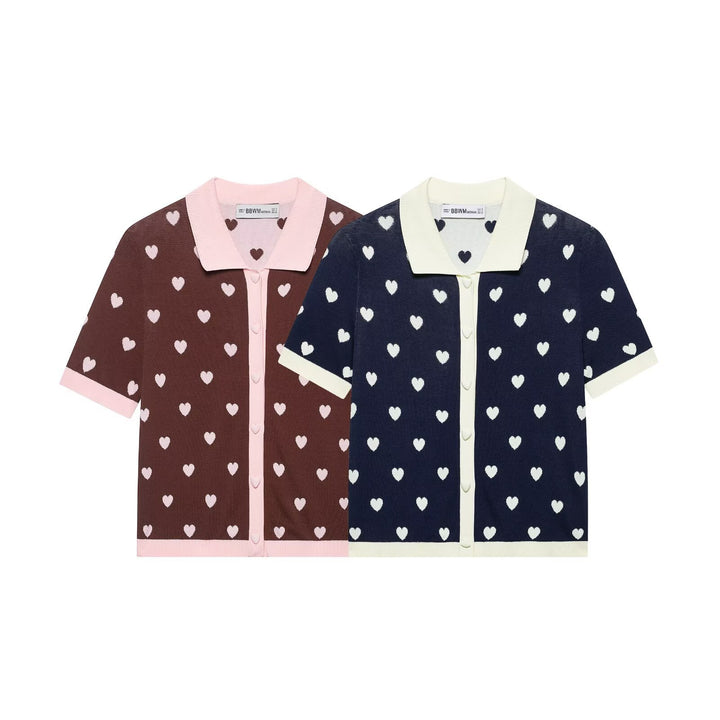 Women Short Sleeve Knitted Cardigan with Polo Collar and Heart Jacquard Mune Fashion