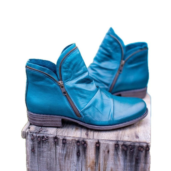 Women's Slouch Ankle Boots made of leather with side zipper and low block heel Mune Fashion