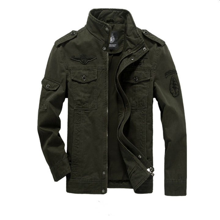 Men's canvas field jacket in military utility style with stand-up collar, epaulettes, and multifunctional pockets Mune Fashion