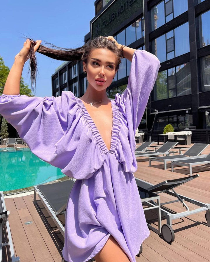 Women Loose Mini Dress with Deep V-Neck and Balloon Sleeves Mune Fashion