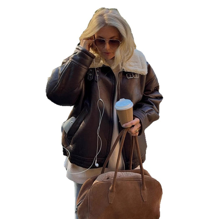 Women's Oversize Pilot Jacket made of Faux Leather with Teddy Lining and Wide Cut Mune Fashion