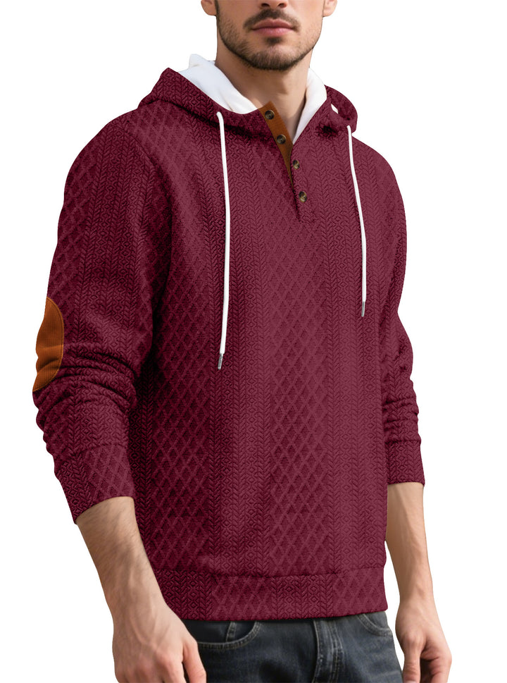 Men's nan diamond structure hoodie with short button placket, quilted hood inner edge, and suede elbow patch Mune Fashion