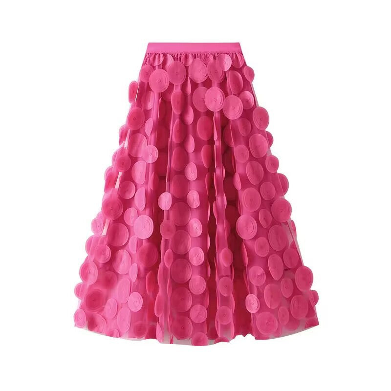 Women's flared midi skirt with transparent 3D appliqués and elastic waistband Mune Fashion