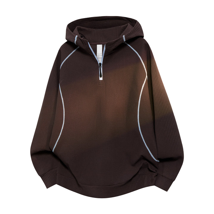 Unisex Oversize Waffle Texture Half-Zip Hoodie with Raglan Sleeves and Contrast Piping Drune