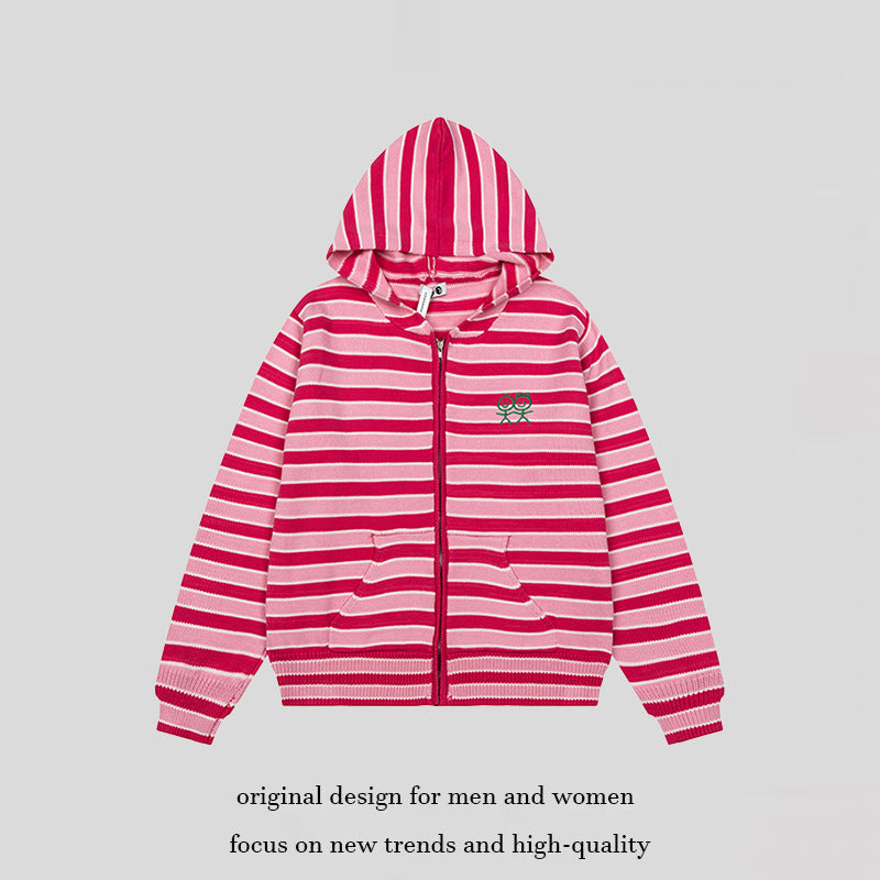 Women's Striped Hooded Cardigan with Full Zip and Pockets Mune Fashion