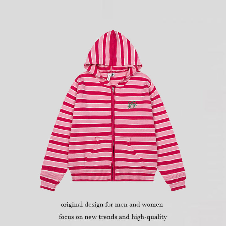 Women's Striped Hooded Cardigan with Full Zip and Pockets Mune Fashion