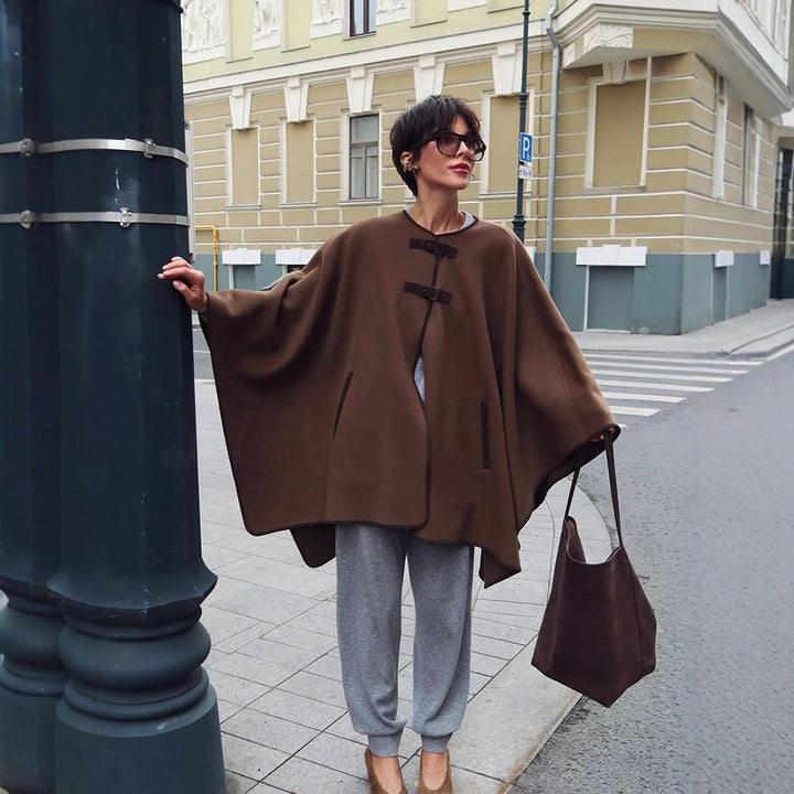 Women's Oversize Cape Coat made of wool blend with high stand-up collar and leather tabs Mune Fashion