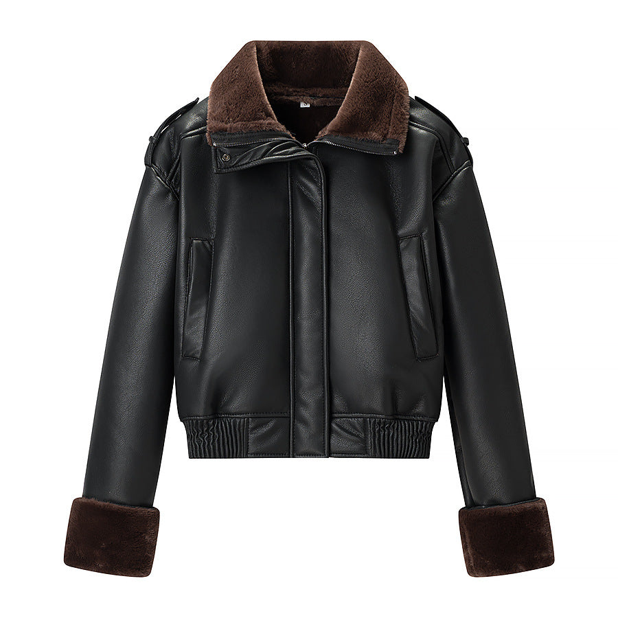 Women's Short Cut Bomber Jacket made of Faux Leather with Teddy Lining, Notched Collar and Rollable Cuffs Mune Fashion