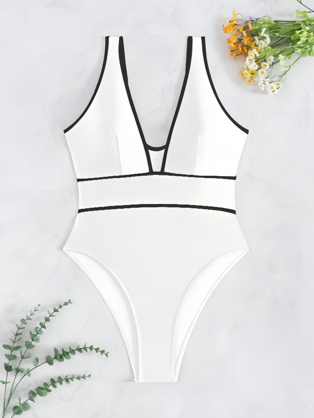 Women's One-Piece Swimsuit with Deep V-Neck and Fashionable Contrasts Mune Fashion