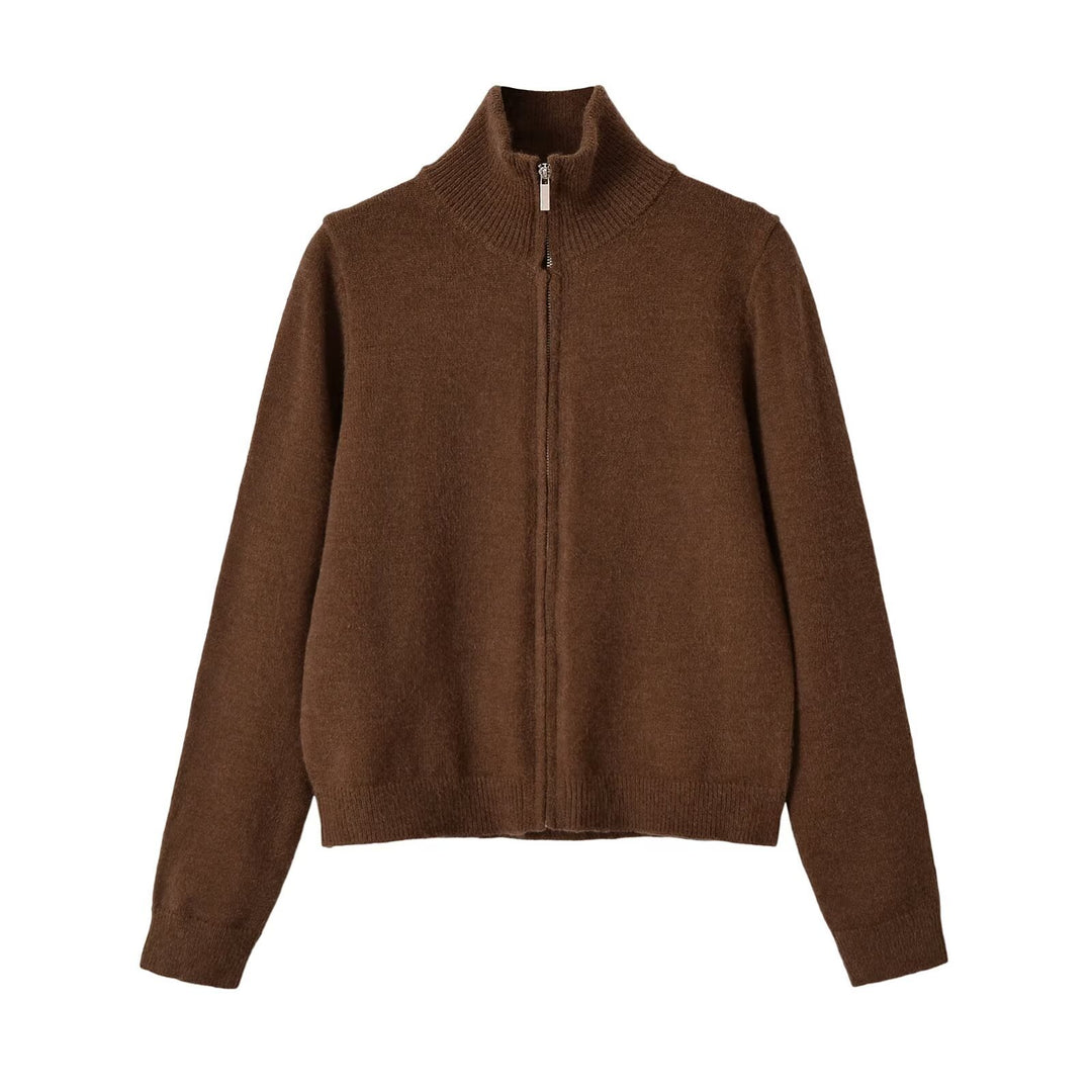 Women's fine knit zip cardigan with high stand-up collar Mune Fashion