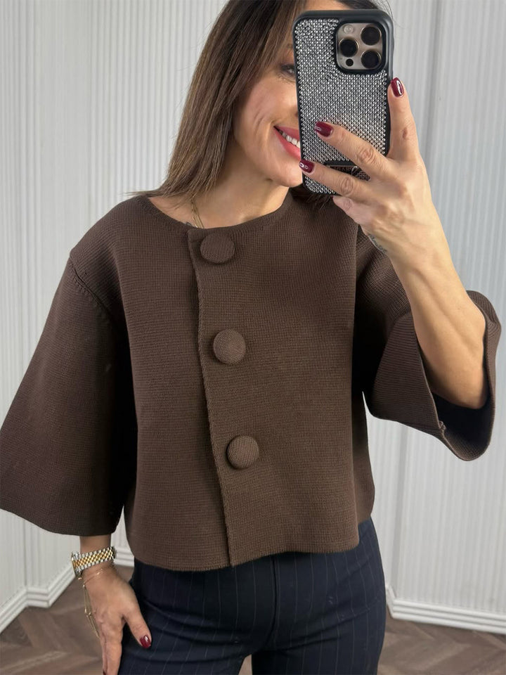 Ladies Short Boxy Cardigan with Large Fabric Buttons Mune Fashion