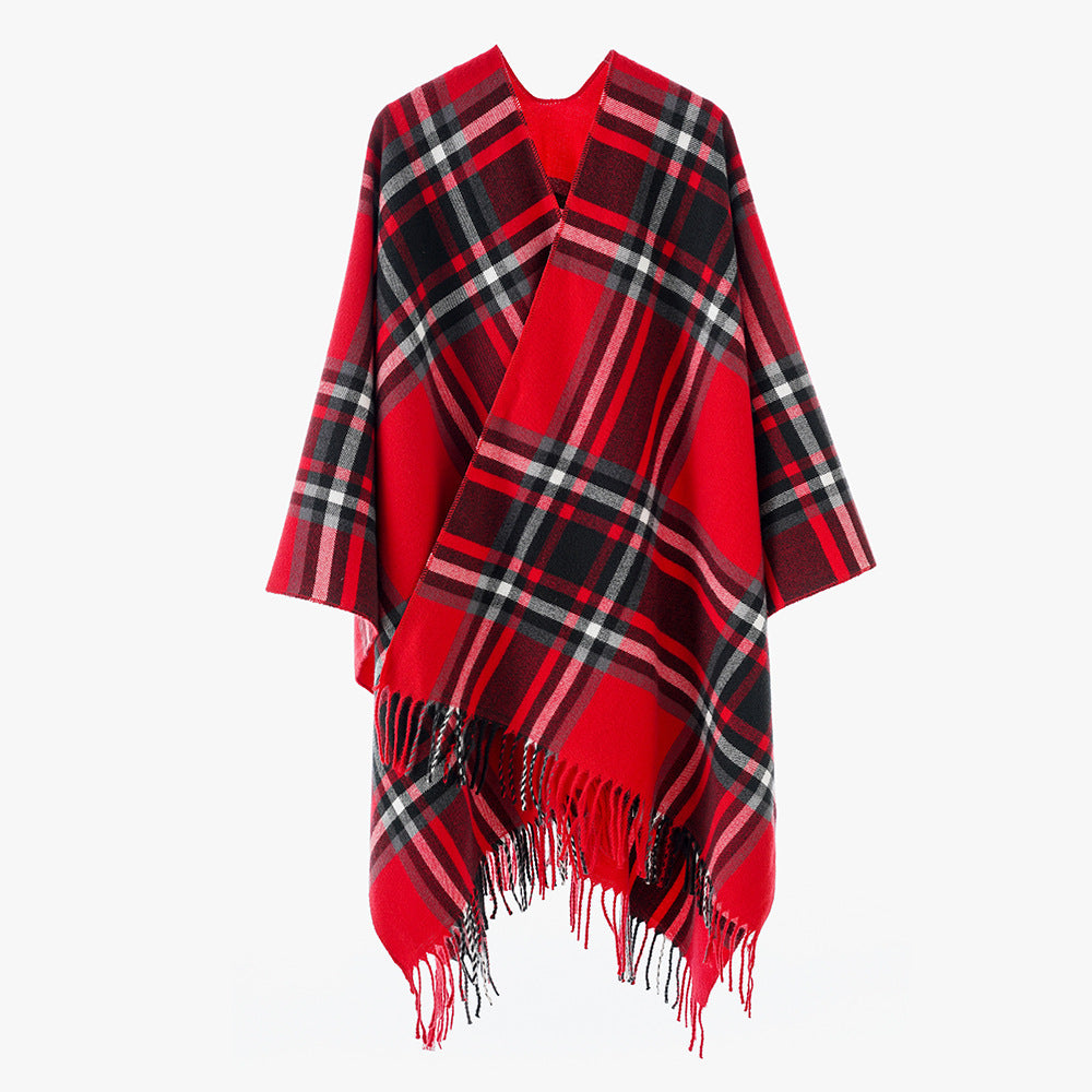 Women Checkered Oversized Throw Poncho with V-Neck and Fringed Hem Mune Fashion