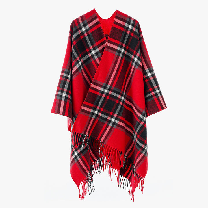Women Checkered Oversized Throw Poncho with V-Neck and Fringed Hem Mune Fashion
