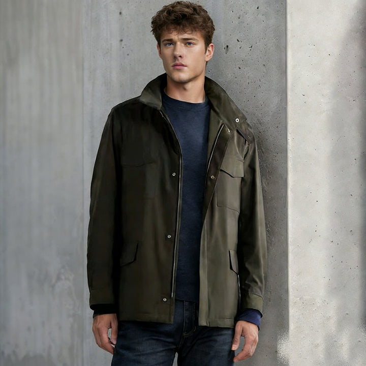 Men's utility field jacket with concealed zipper, snap button placket, and multifunctional pockets Mune Fashion