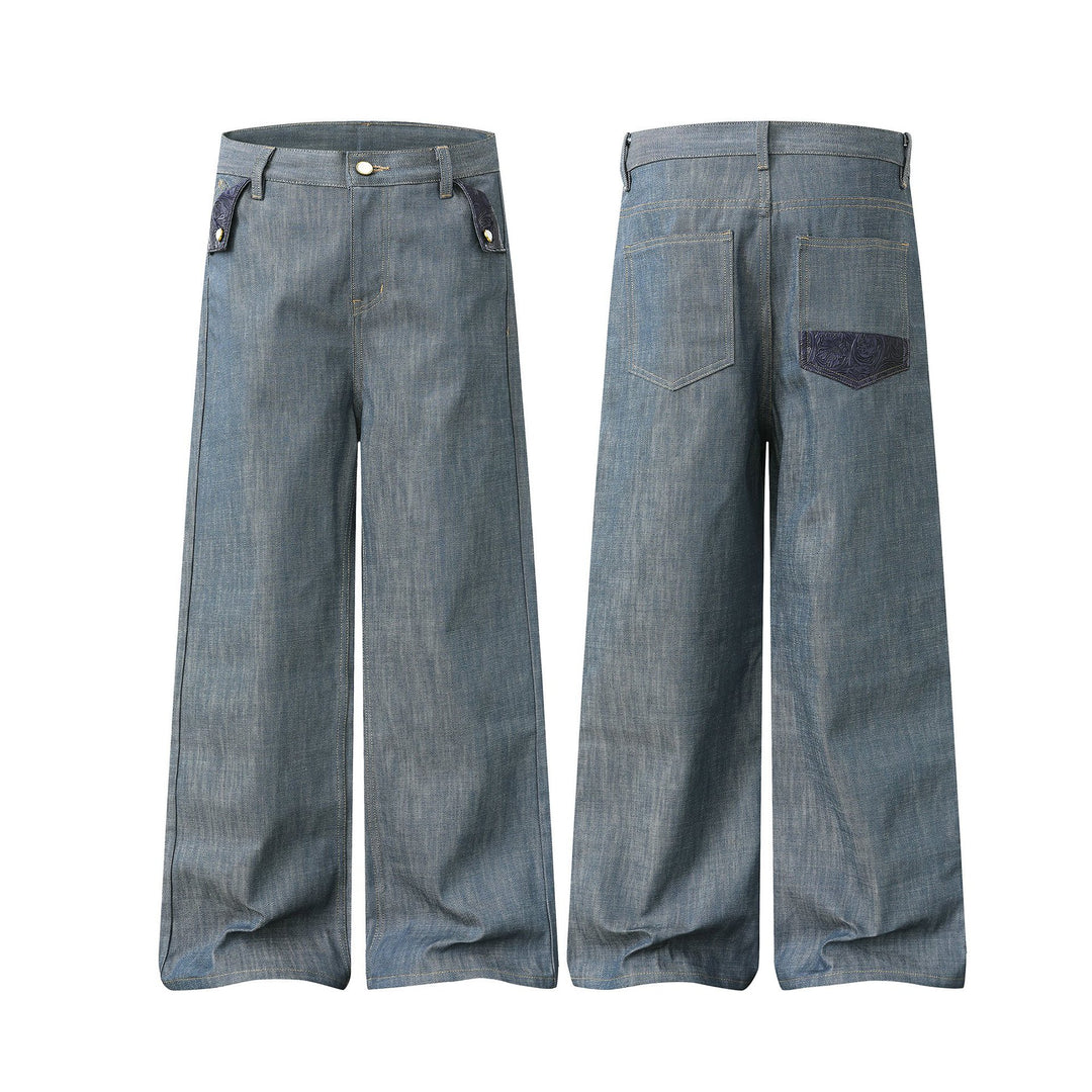 Women's high-waisted wide jeans pants with decorative flap pockets and straight leg Mune Fashion