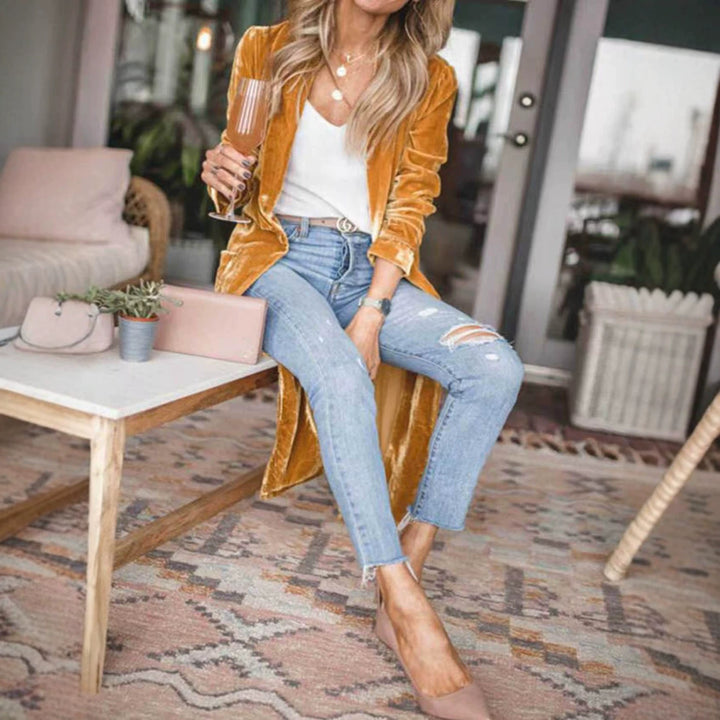 Women Elegant Velour Jacket with High Collar Mune Fashion