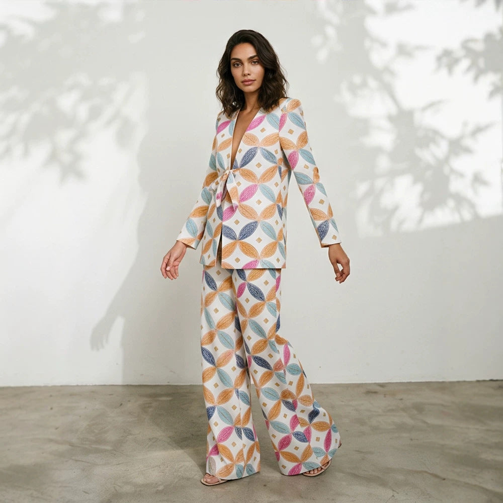 Women's Two-Piece Jacquard Suit with Waist Bow and Wide Leg Mune Fashion