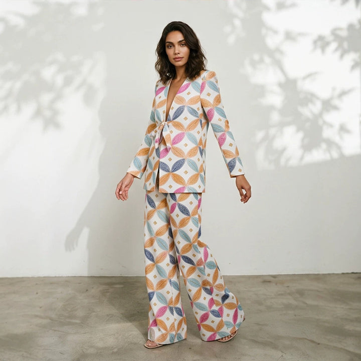 Women's Two-Piece Jacquard Suit with Waist Bow and Wide Leg Mune Fashion
